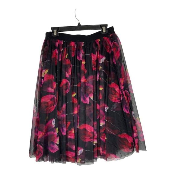 Esley Sz M Floral Black Pink Red Pleated Tulle Skirt Elastic Waist A-Line - Picture 6 of 8